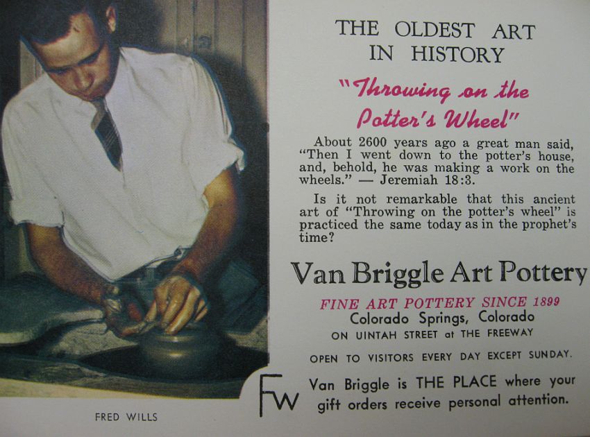Promotional postcard featuring Fred Wills at the pottery wheel, 1960s