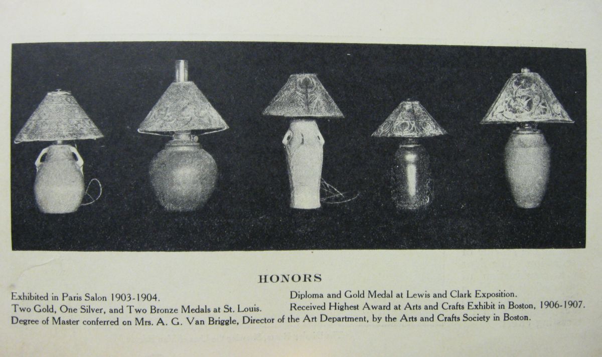 Van Briggle lamps with brass lamp shades