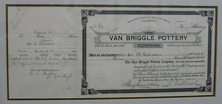 1902 Van Briggle stock certificate issued to William S. Stratton, signed by Artus