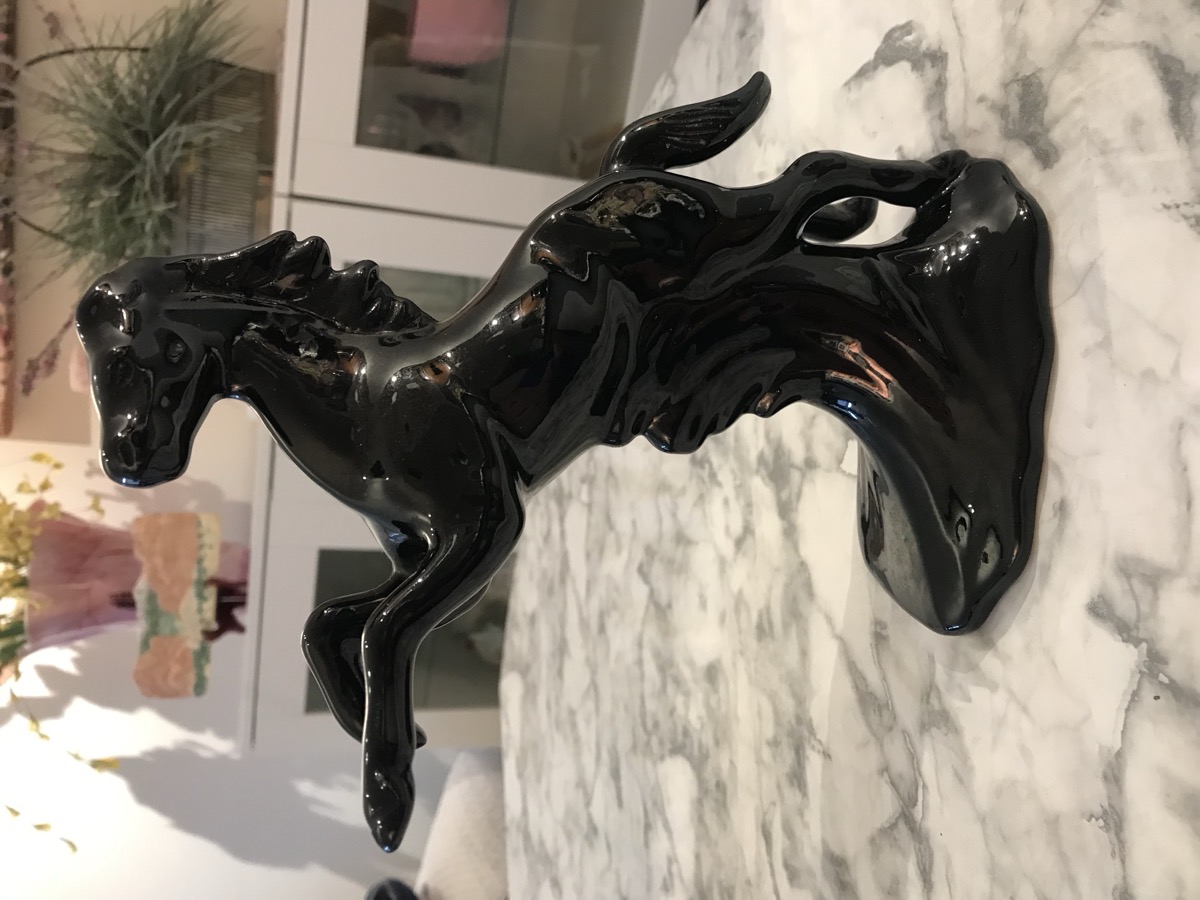 Late commercial Van Briggle rearing horse figurine in solid black high-gloss glaze